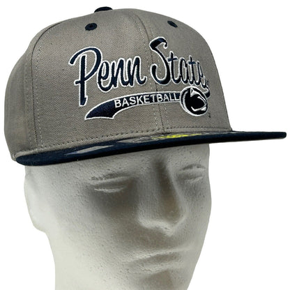 Gray Penn State Nittany Lions basketball hat with logo and flat brim view from the side