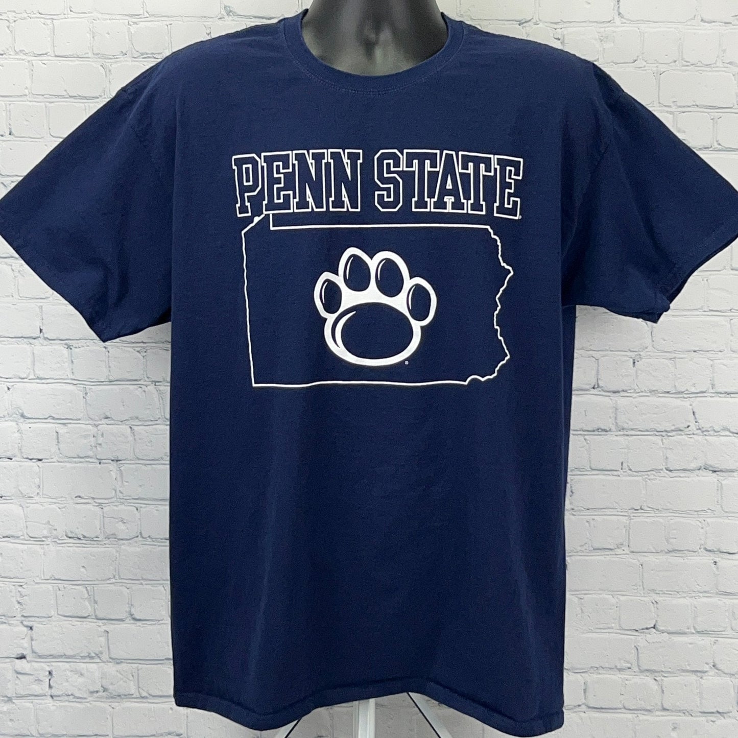 Navy Russell Athletic Penn State Nittany Lions T-shirt featuring state outline and paw logo on front