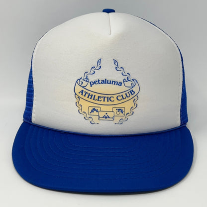 Vintage blue and white trucker cap hat with Petaluma Athletic Club logo on the front