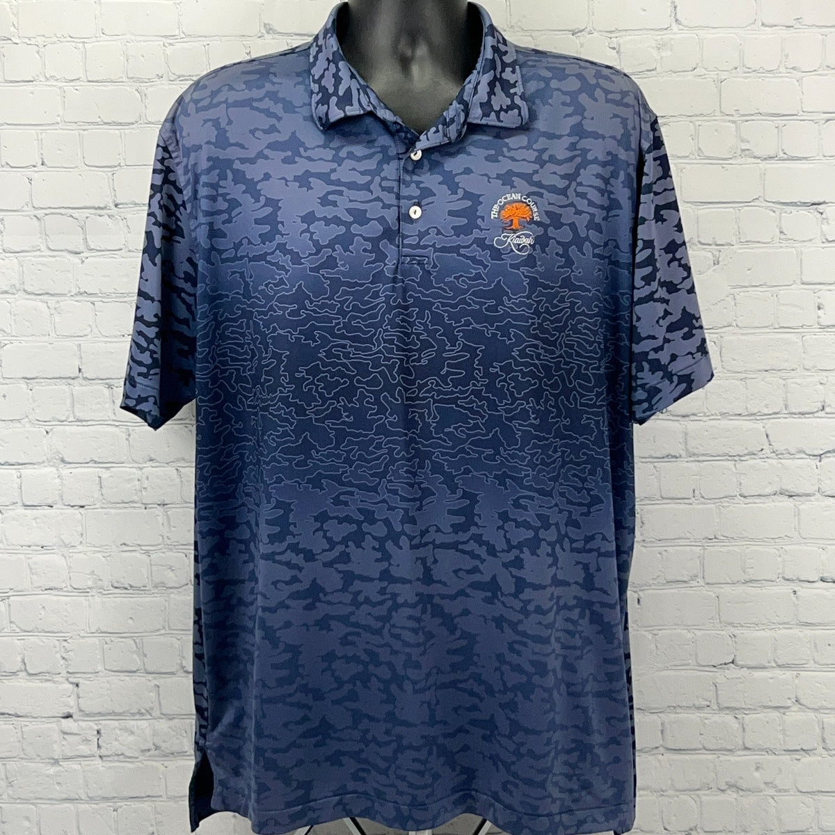Peter Millar Men's Navy Blue Camo Polo Shirt, Short Sleeve, Front View with Logo on Chest