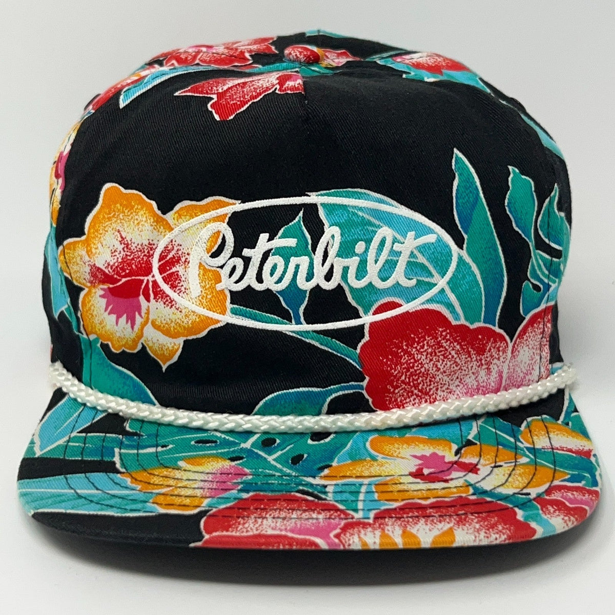 San Sun Peterbilt Floral Snapback Cap in Black with Unique Rope Detail and Vintage Style