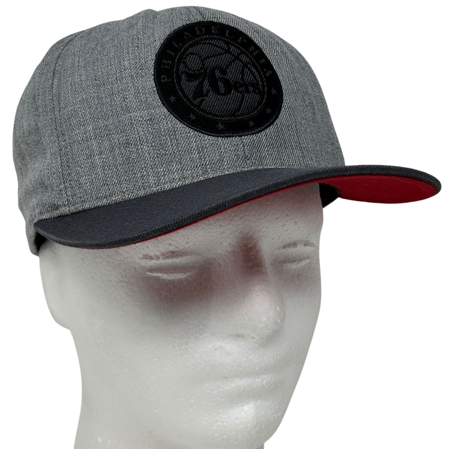 Mitchell & Ness Philadelphia 76ers Grey Snapback Hat with Red Undervisor and Logo Patch on Front