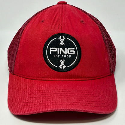Ping Golf Red Cap with a Front Logo and Mesh Back for Comfortable Fit and Style