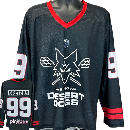 Front view of black Las Vegas Desert Dogs Wayne Gretzky jersey with red accents and bold logo print