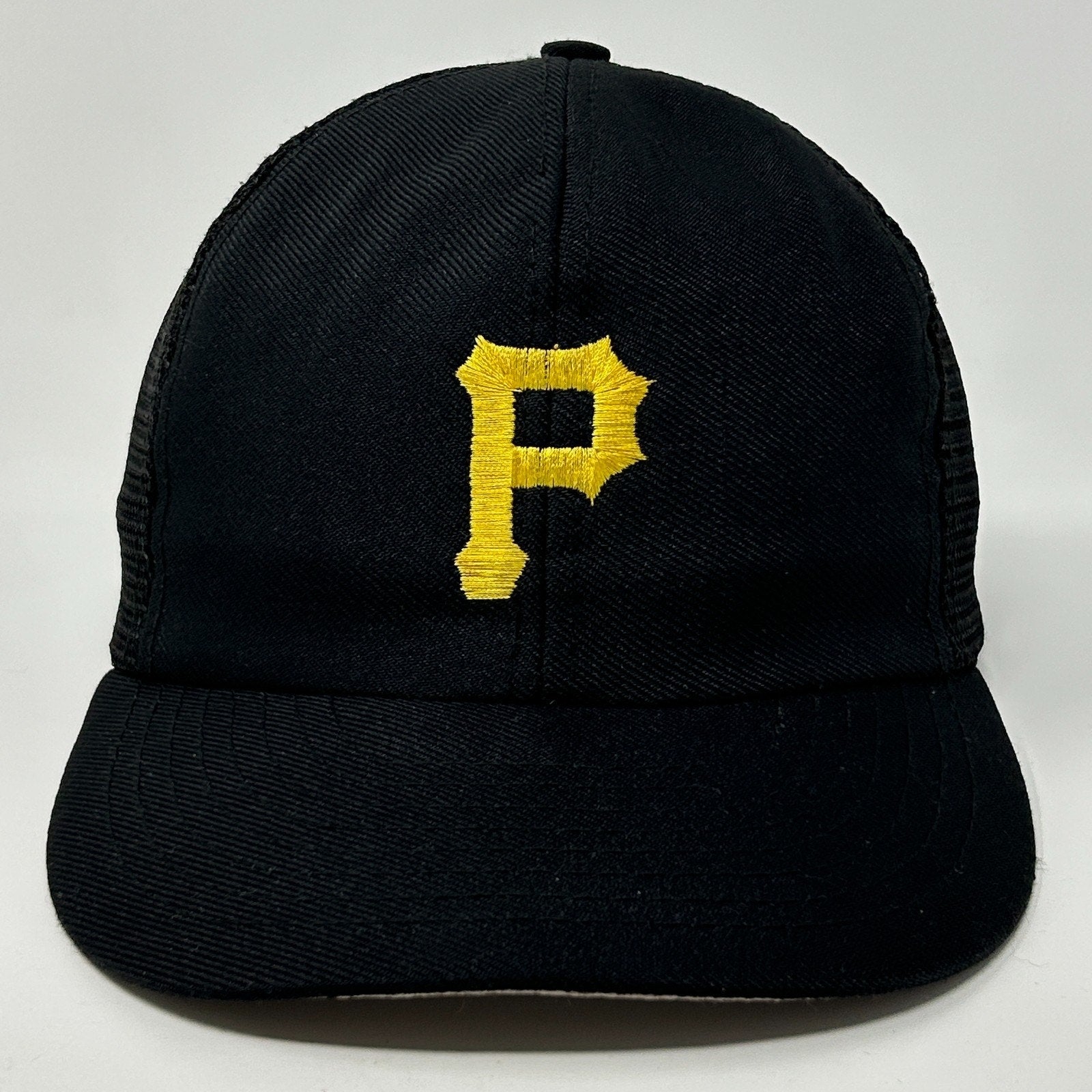 Front view of a black Pittsburgh Pirates Hat featuring a yellow 'P' logo on the front