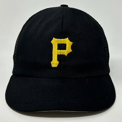 Front view of a black Pittsburgh Pirates Hat featuring a yellow 'P' logo on the front