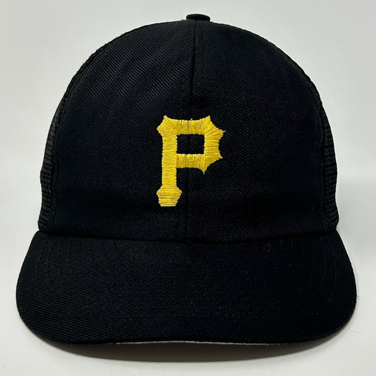 Front view of a black Pittsburgh Pirates Hat featuring a yellow 'P' logo on the front
