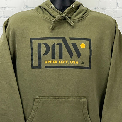 Olive green PNW hoodie with front logo design and drawstring hood for casual wear