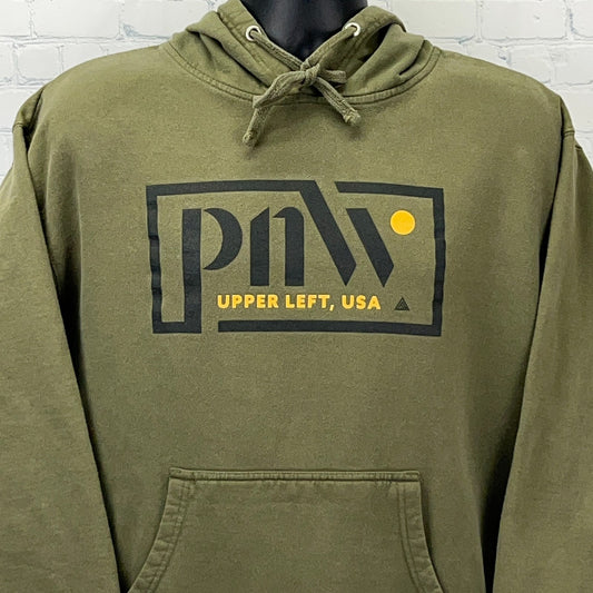 Olive green PNW hoodie with front logo design and drawstring hood for casual wear