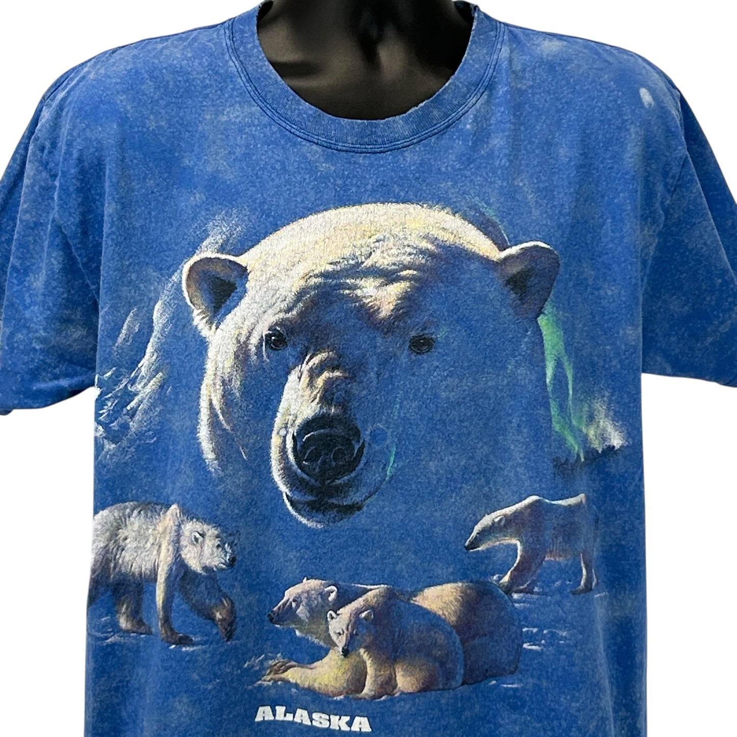 Front view of Hanes blue t-shirt featuring Polar Bears Alaska graphic, medium size, with detailed bear illustrations