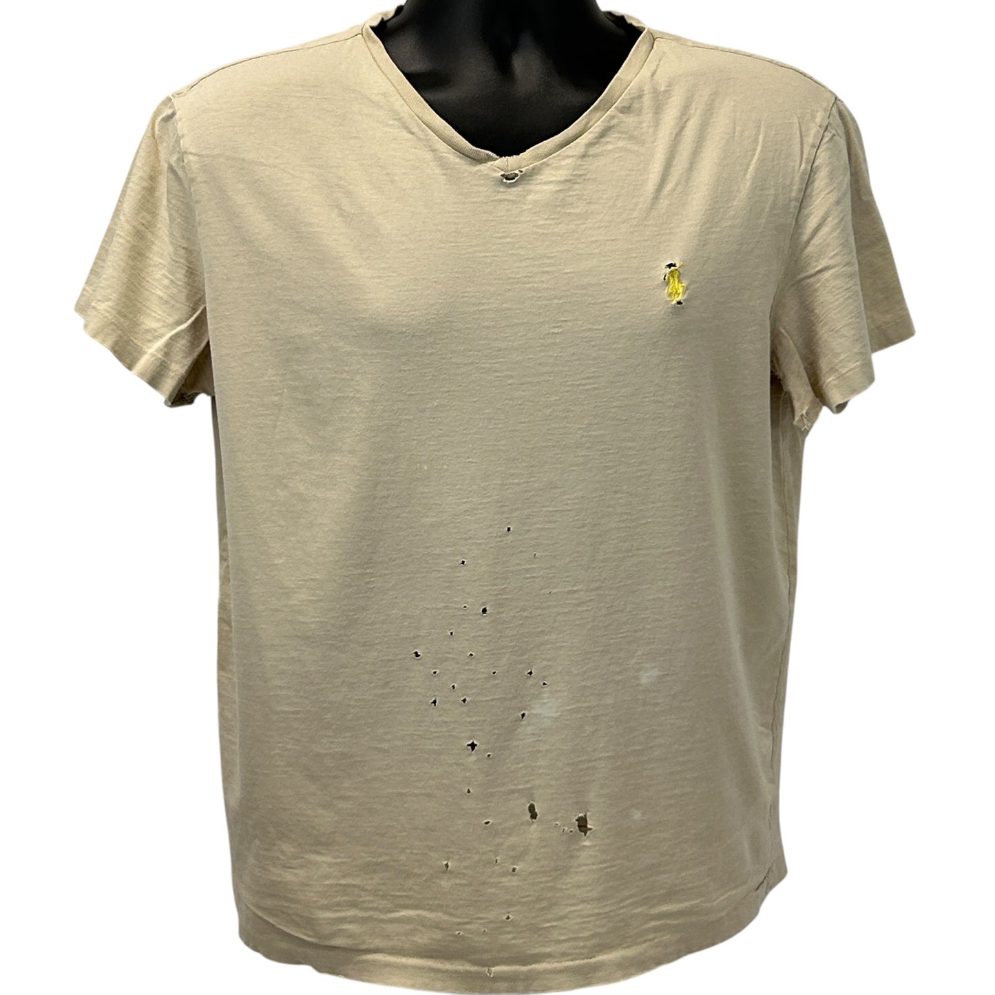 Polo Ralph Lauren Beige T-Shirt, Size Medium, Front View with Logo Detail and Distressed Marks
