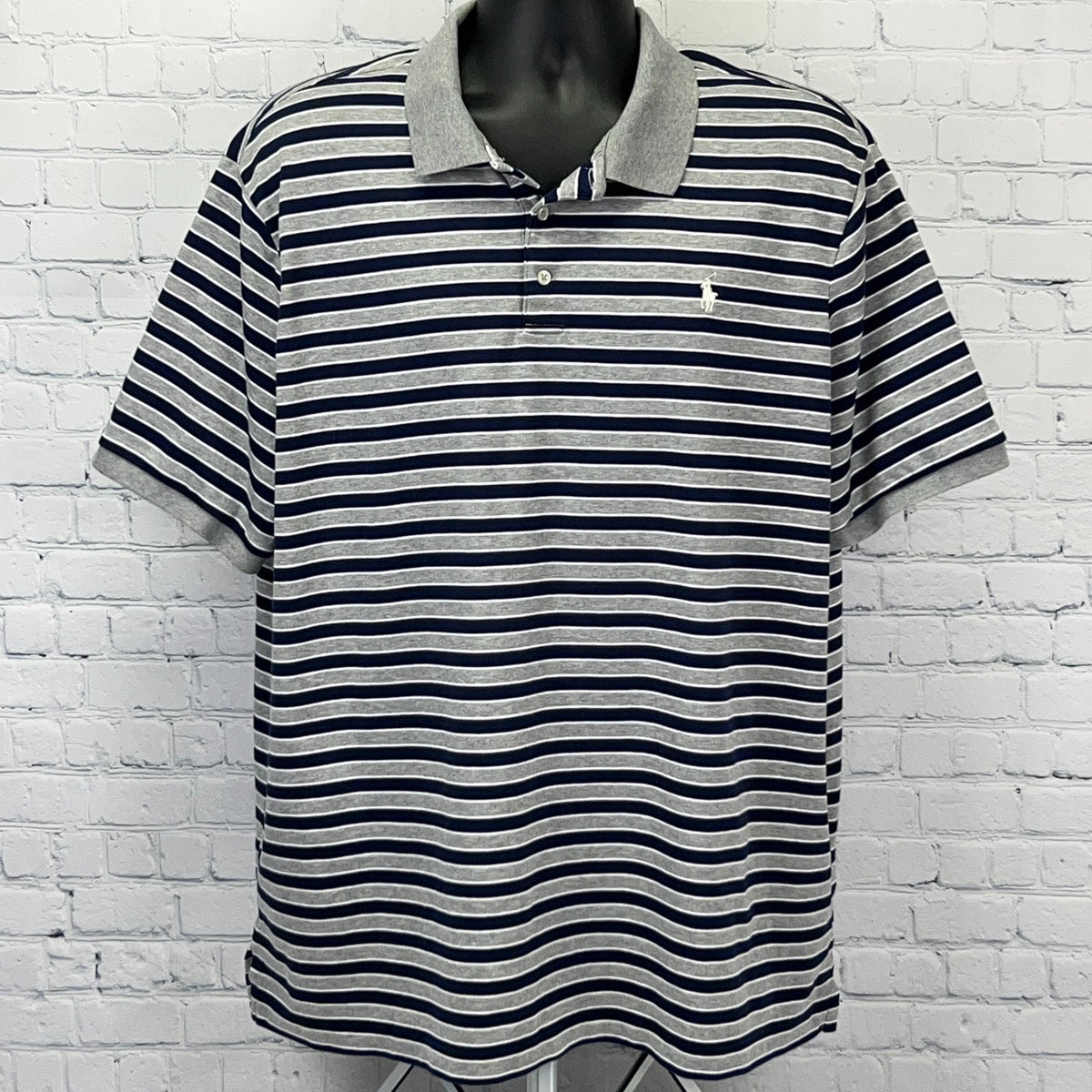 Polo Ralph Lauren Men's Striped Short Sleeve Polo in Gray and Navy with Iconic Logo on Chest