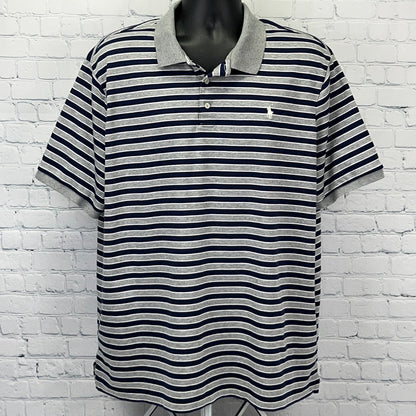 Polo Ralph Lauren Men's Striped Short Sleeve Polo in Gray and Navy with Iconic Logo on Chest
