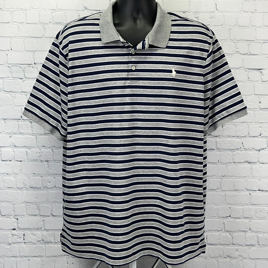Polo Ralph Lauren Men's Striped Short Sleeve Polo in Gray and Navy with Iconic Logo on Chest