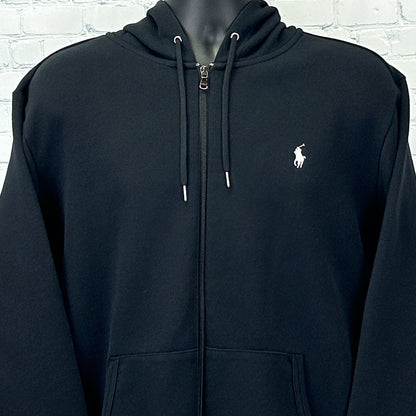 Front view of Polo Ralph Lauren Hoodie in black, featuring logo and zip-up design, suitable for casual wear.