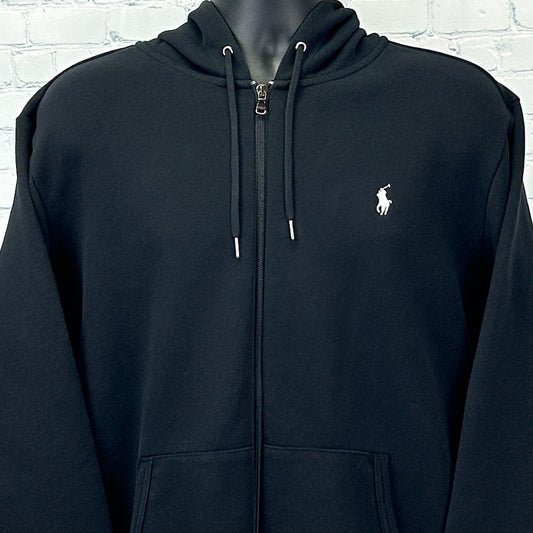 Front view of Polo Ralph Lauren Hoodie in black, featuring logo and zip-up design, suitable for casual wear.