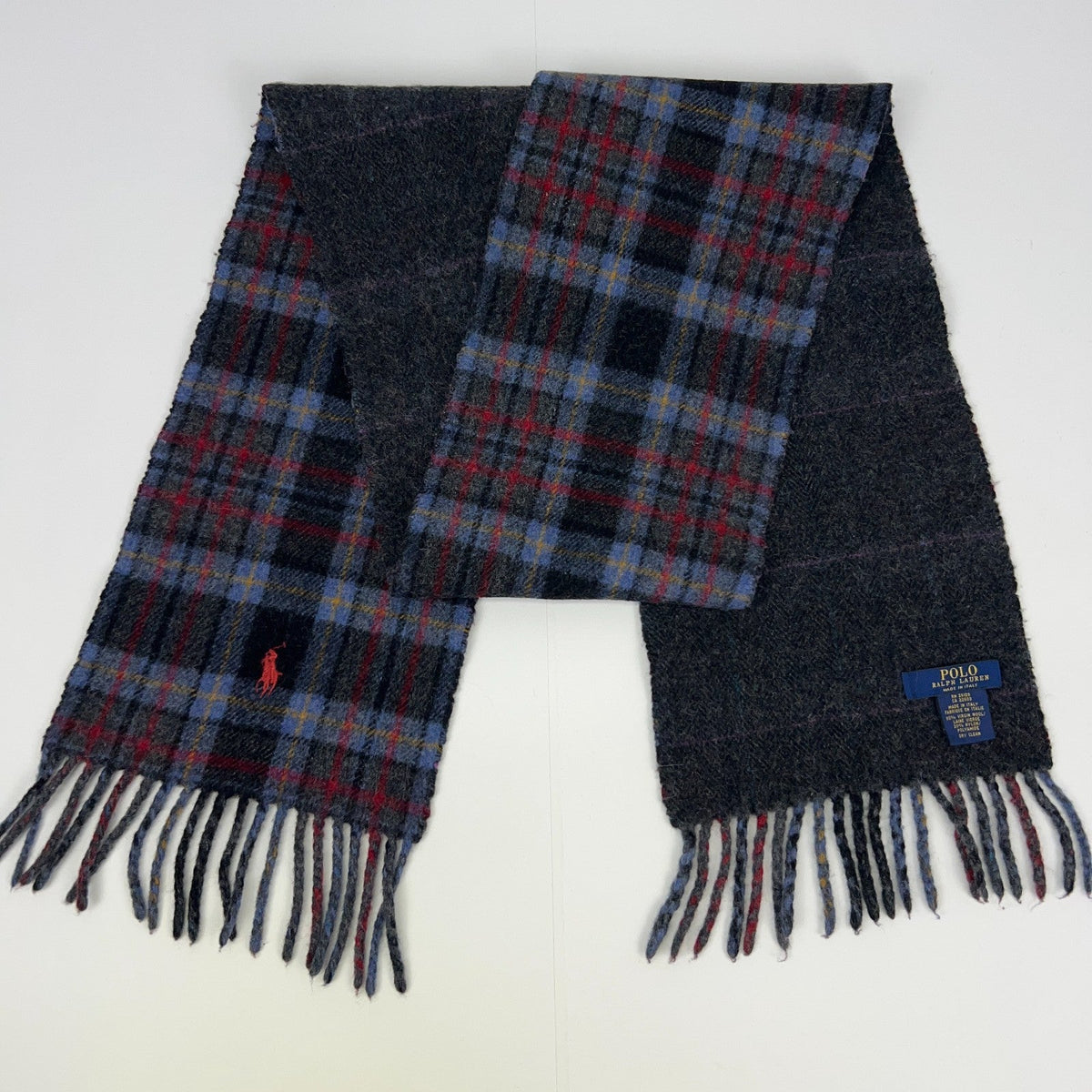 Polo Ralph Lauren plaid scarf in blue and gray with fringed edges and embroidered logo