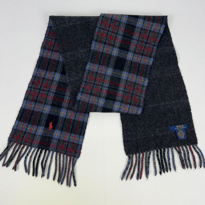 Polo Ralph Lauren plaid scarf in blue and gray with fringed edges and embroidered logo