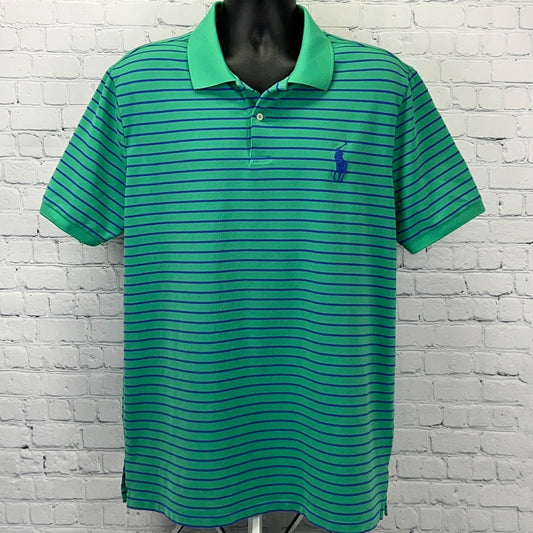 Polo Ralph Lauren Green and Navy Striped Short Sleeve Polo Shirt with Classic Fit and Logo