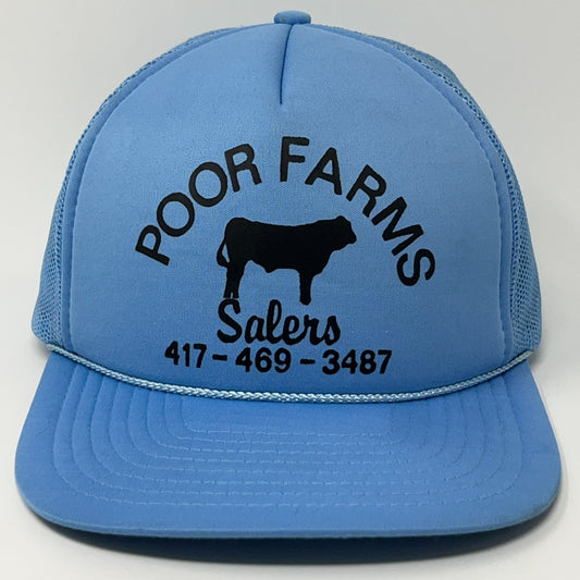 San Sun Vintage Blue Trucker Hat with Poor Farms Logo and Black Cow Design