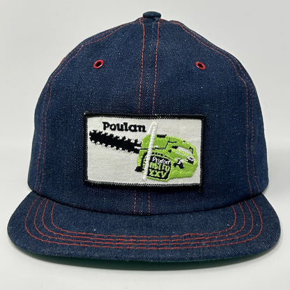 Vintage Poulan Baseball Cap Hat with green chainsaw logo on front, denim fabric and adjustable fit