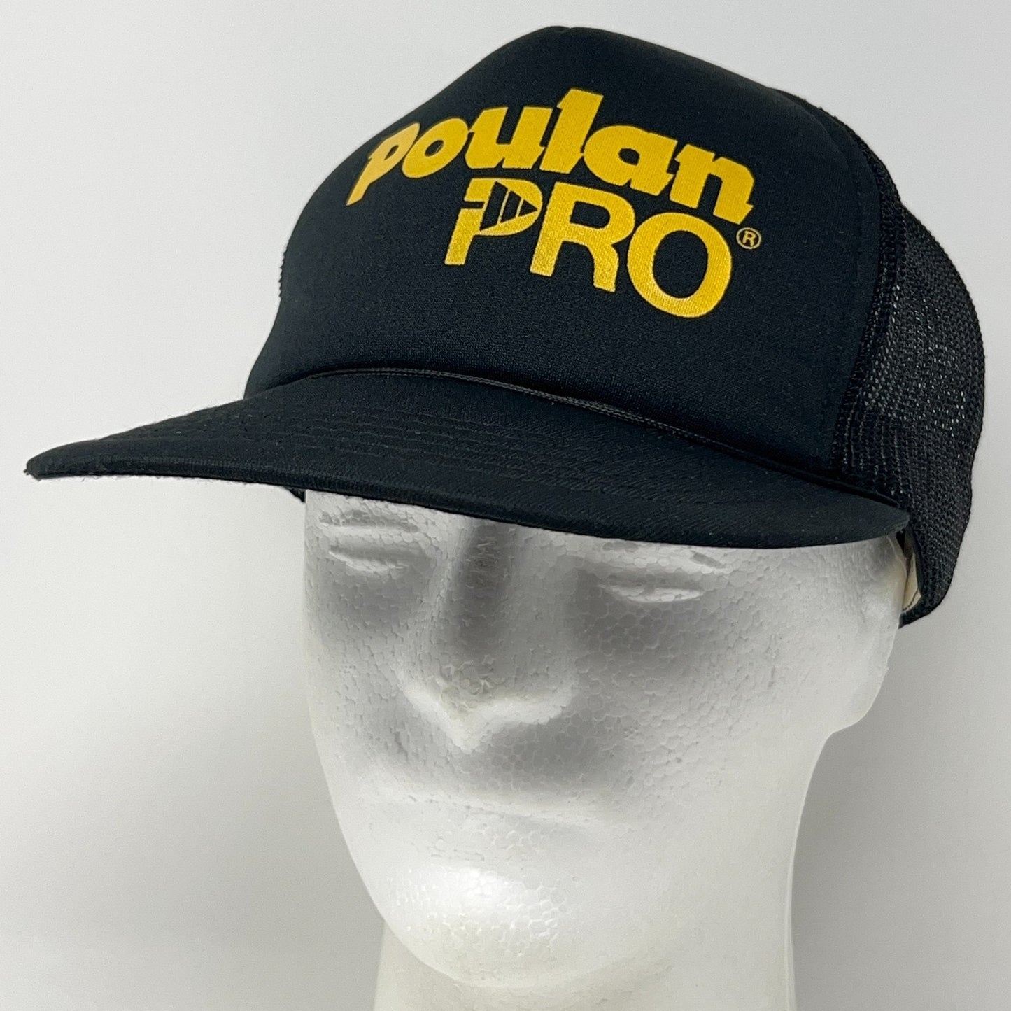 Poulan Pro Vintage Trucker Cap Hat in Black with Yellow Logo, One Size, Front View
