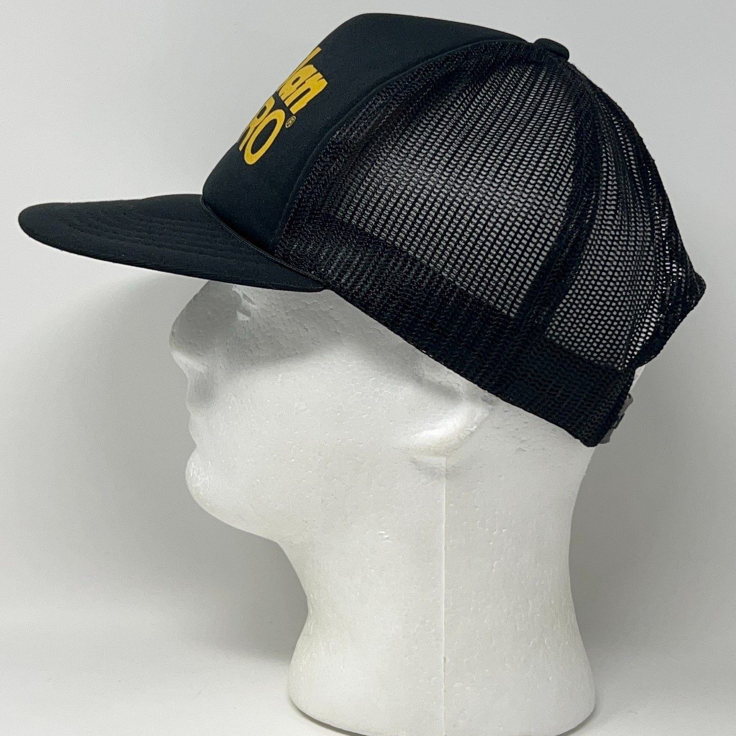 Vintage trucker cap hat in black with mesh back view