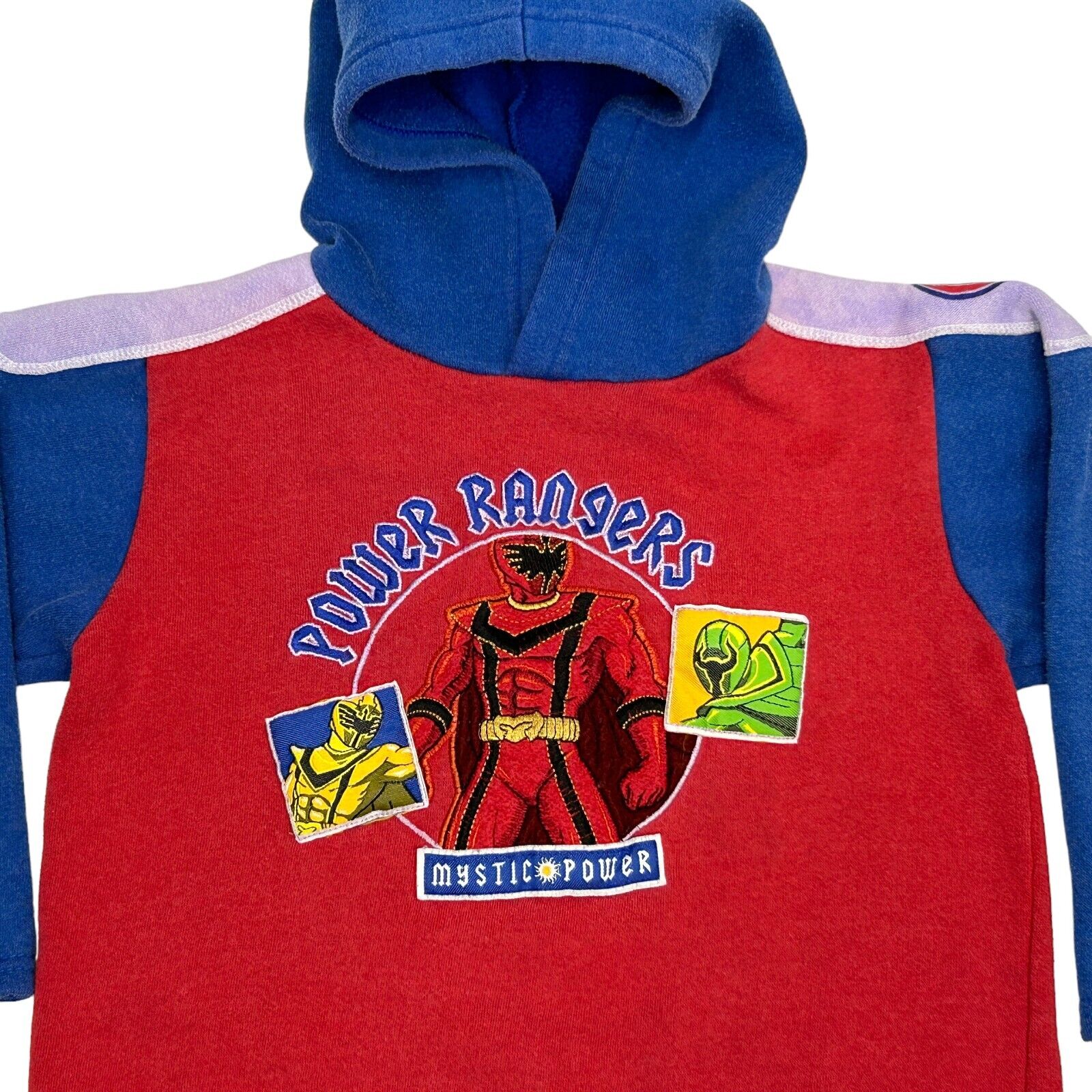 Red Power Rangers hoodie with graphic print of characters on front, featuring blue sleeves and hood