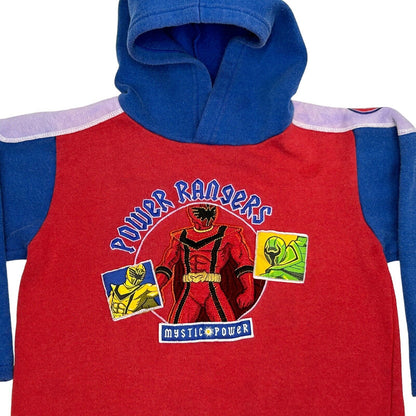 Red Power Rangers hoodie with graphic print of characters on front, featuring blue sleeves and hood