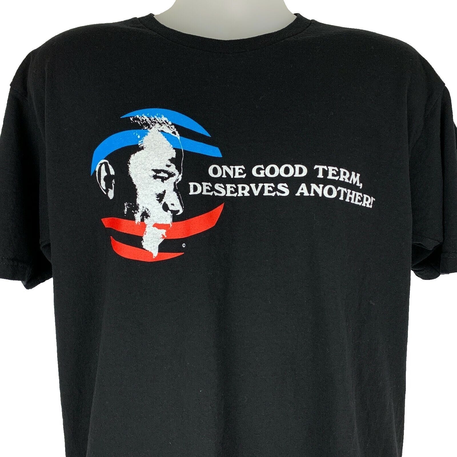 Bayside black T-shirt featuring President Barack Obama graphic and slogan 'One Good Term Deserves Another' on the front