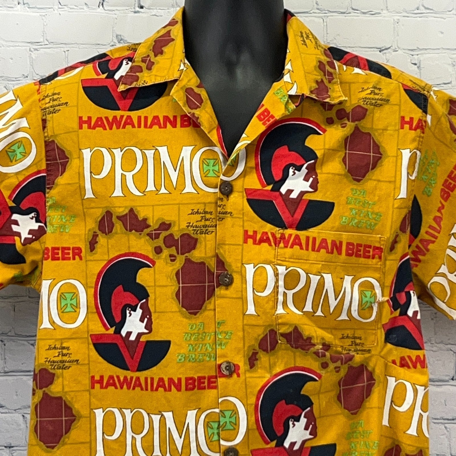 Go Barefoot Hawaiian shirt in vibrant yellow featuring Primo Hawaiian Beer logo and print detail