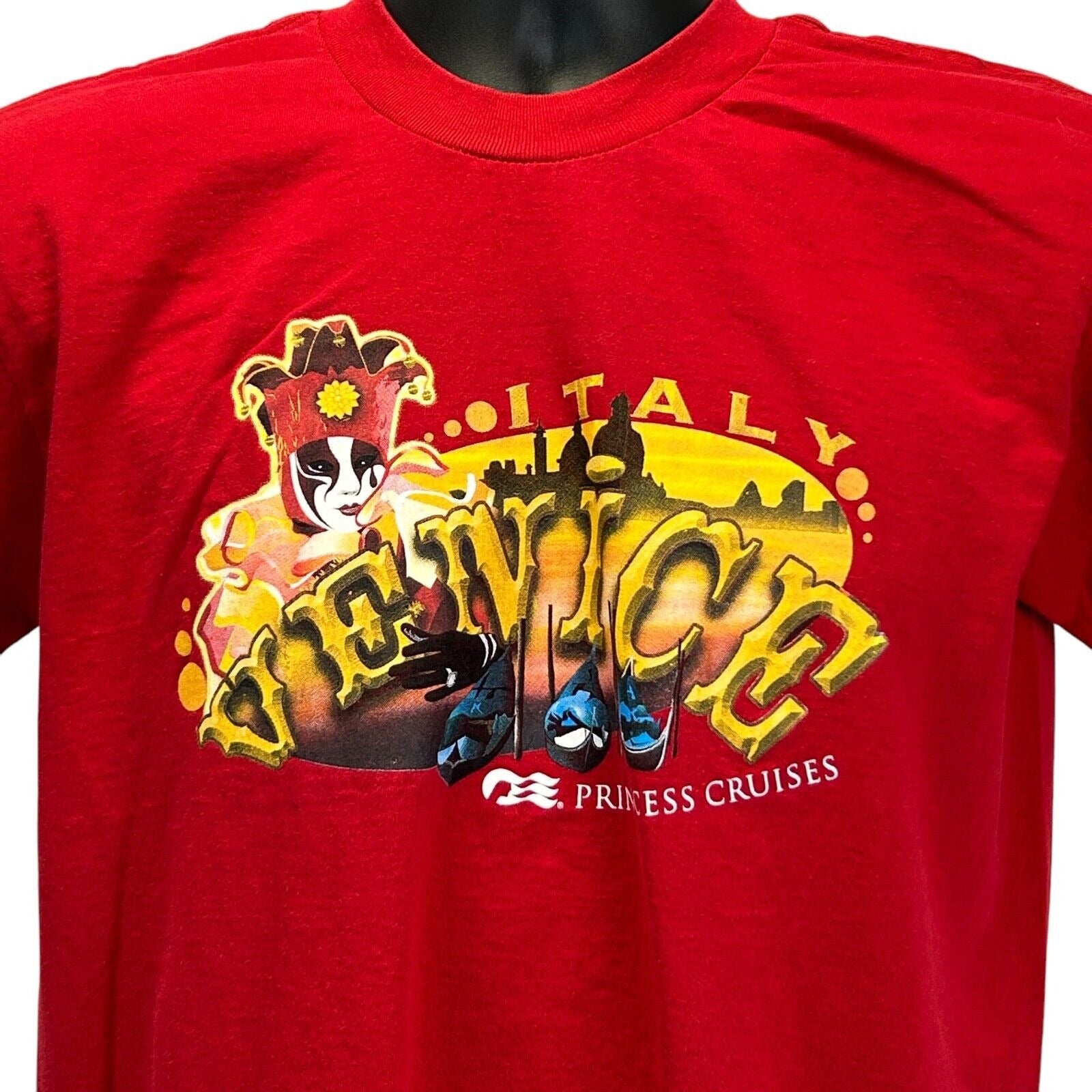 Red Vintage T-Shirt featuring Venice Italy graphic with a mask and skyline, front view
