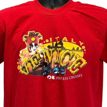 Red Vintage T-Shirt featuring Venice Italy graphic with a mask and skyline, front view