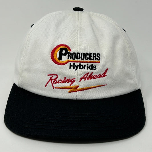 Vintage white and black baseball hat featuring embroidered Producers Hybrids and Racing Ahead logos on the front