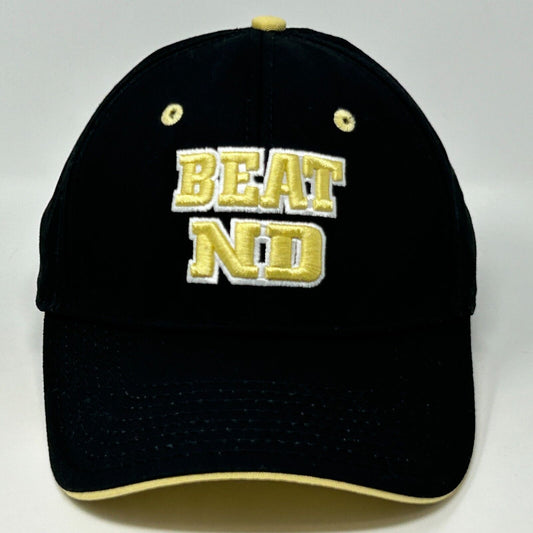 Black Purdue Boilermakers cap featuring yellow 'BEAT ND' embroidery on the front