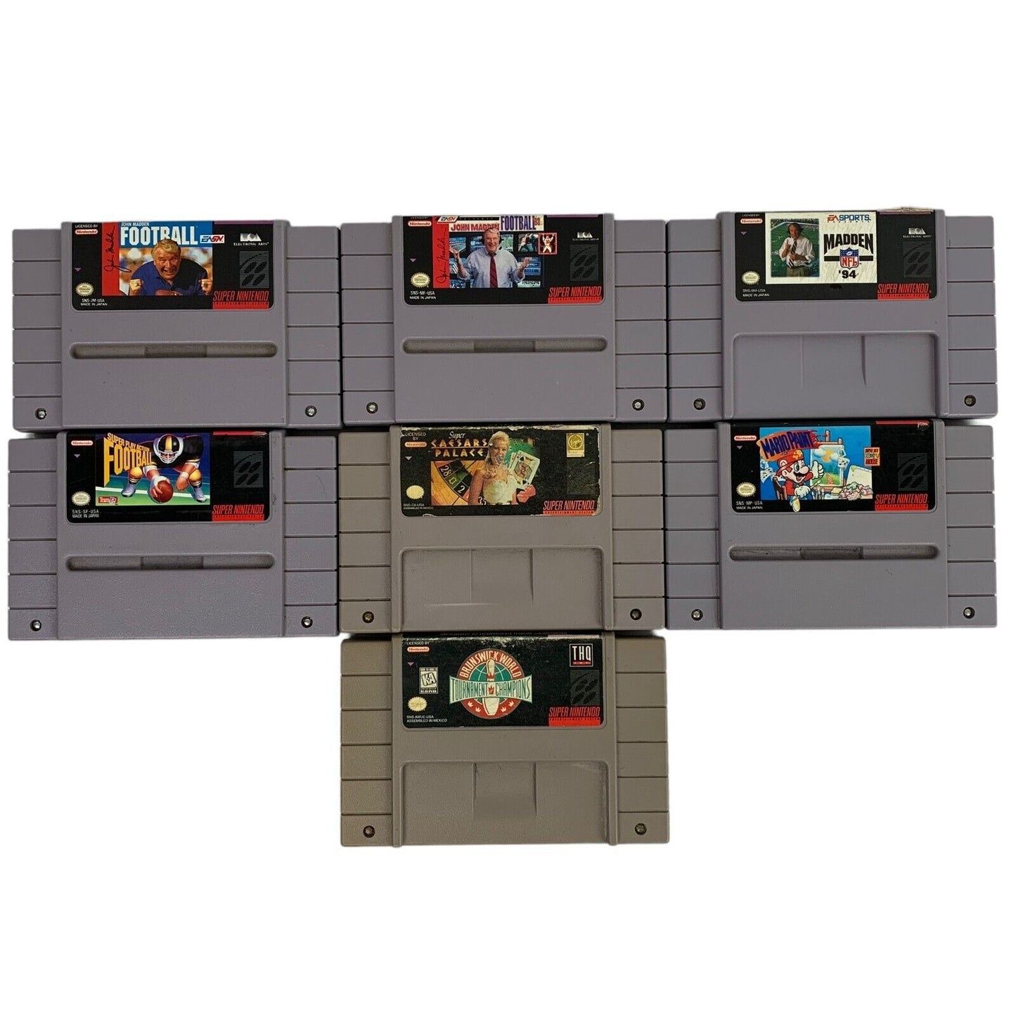 Lote de 7 videojuegos SNES Super Nintendo Deportes Madden NFL Casino Paint Bowling