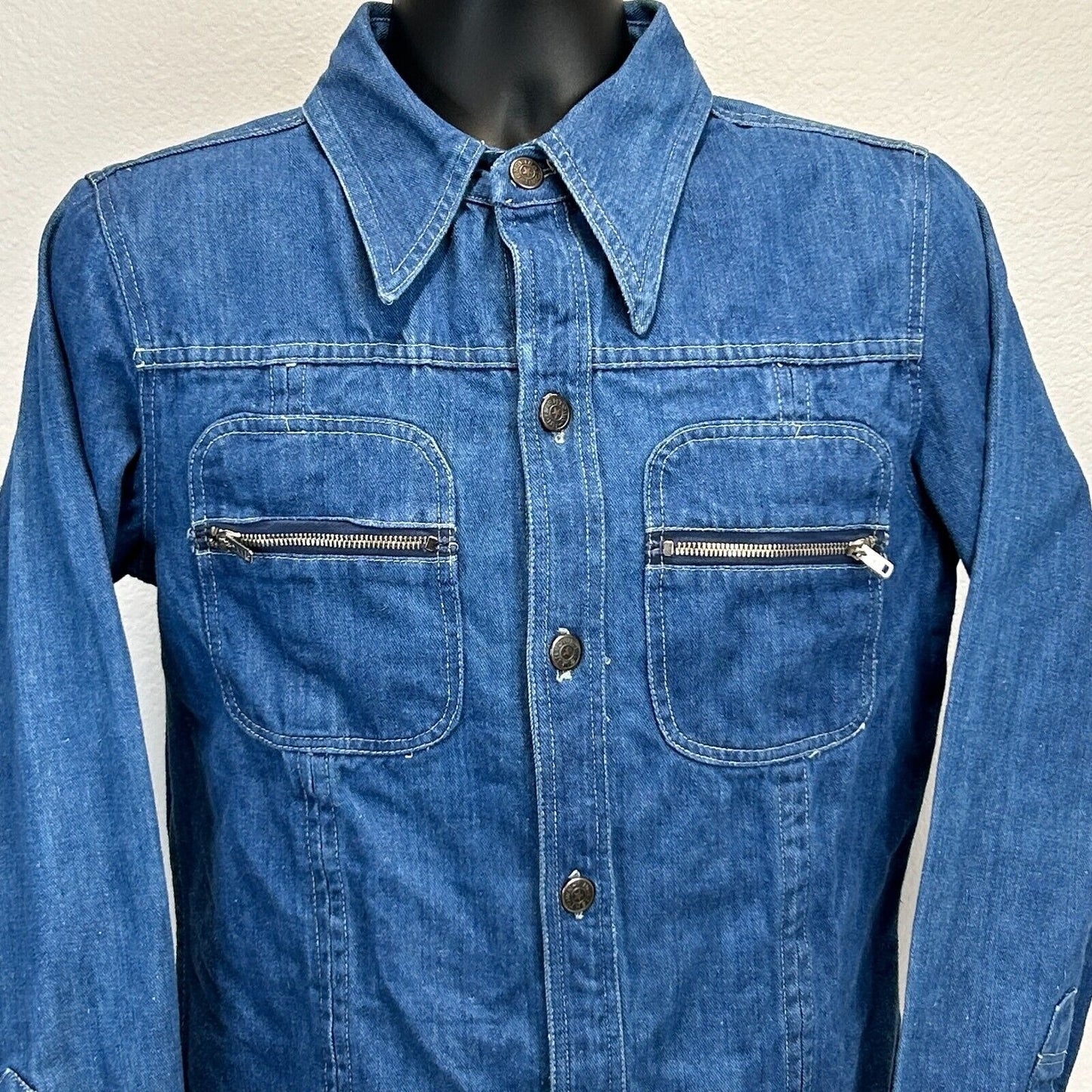 Vintage 60s Englishtown Jean Jacket Mens Small Big Collar Pockets Denim Blue