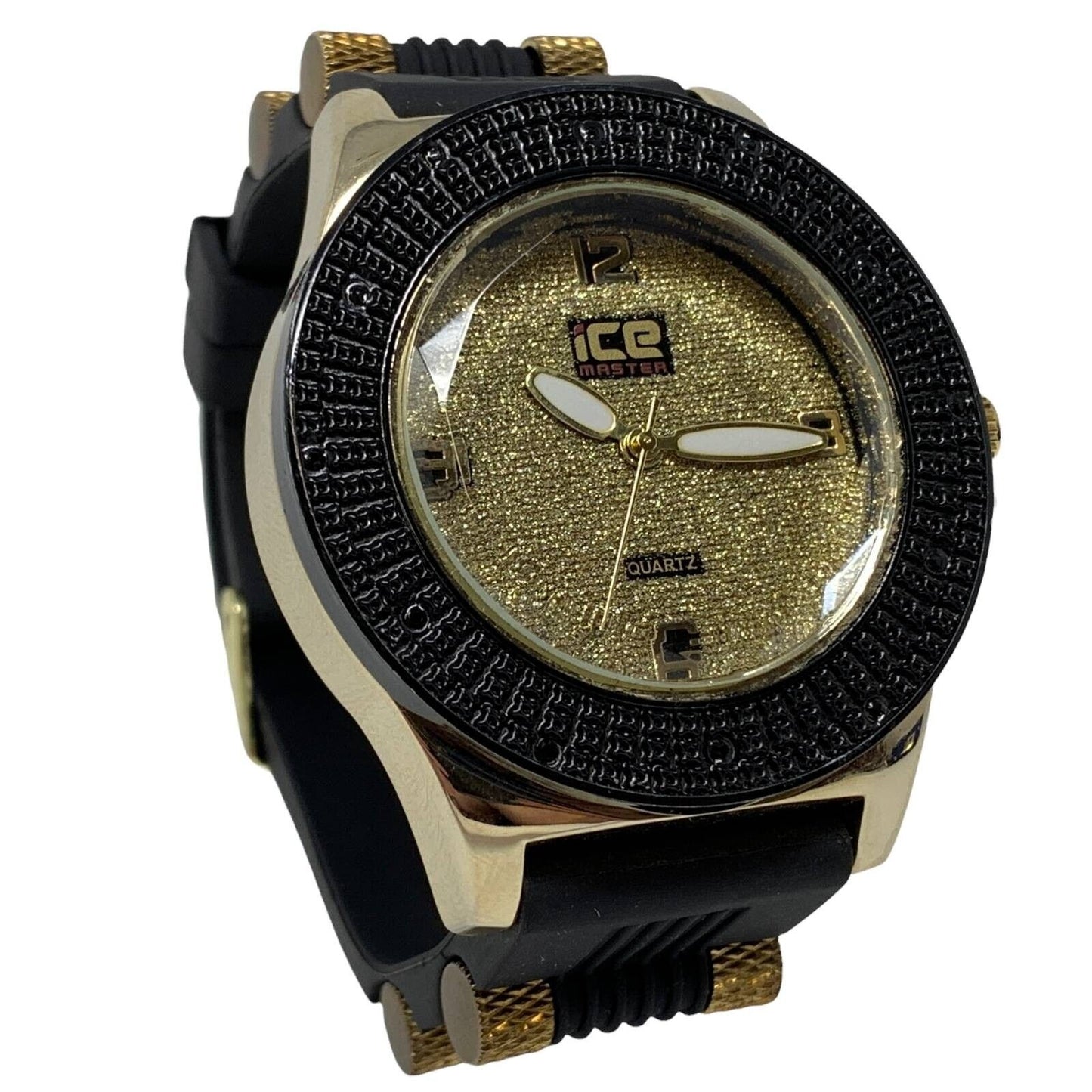 Ice Master Quartz Watch Black Gold Glitter Face Round Analog 12 Hour Wristwatch