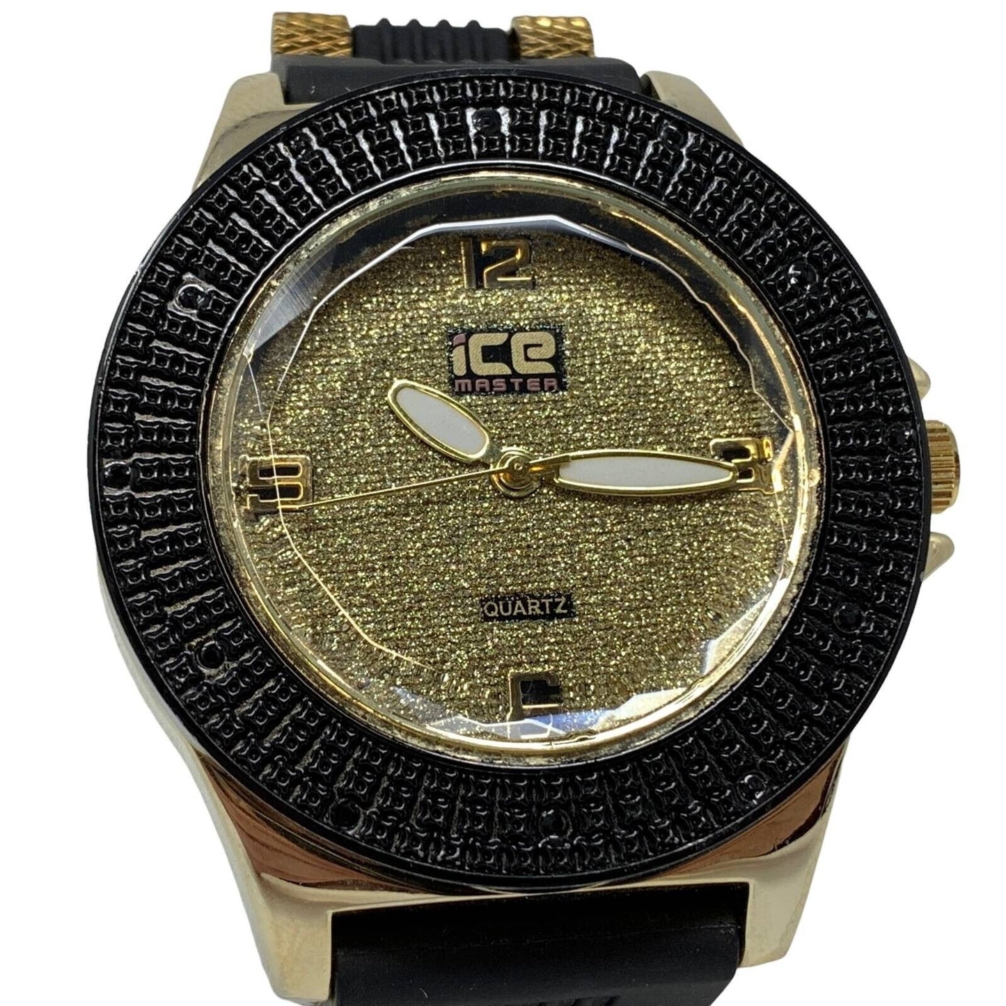 Ice Master Quartz Watch Black Gold Glitter Face Round Analog 12 Hour Wristwatch