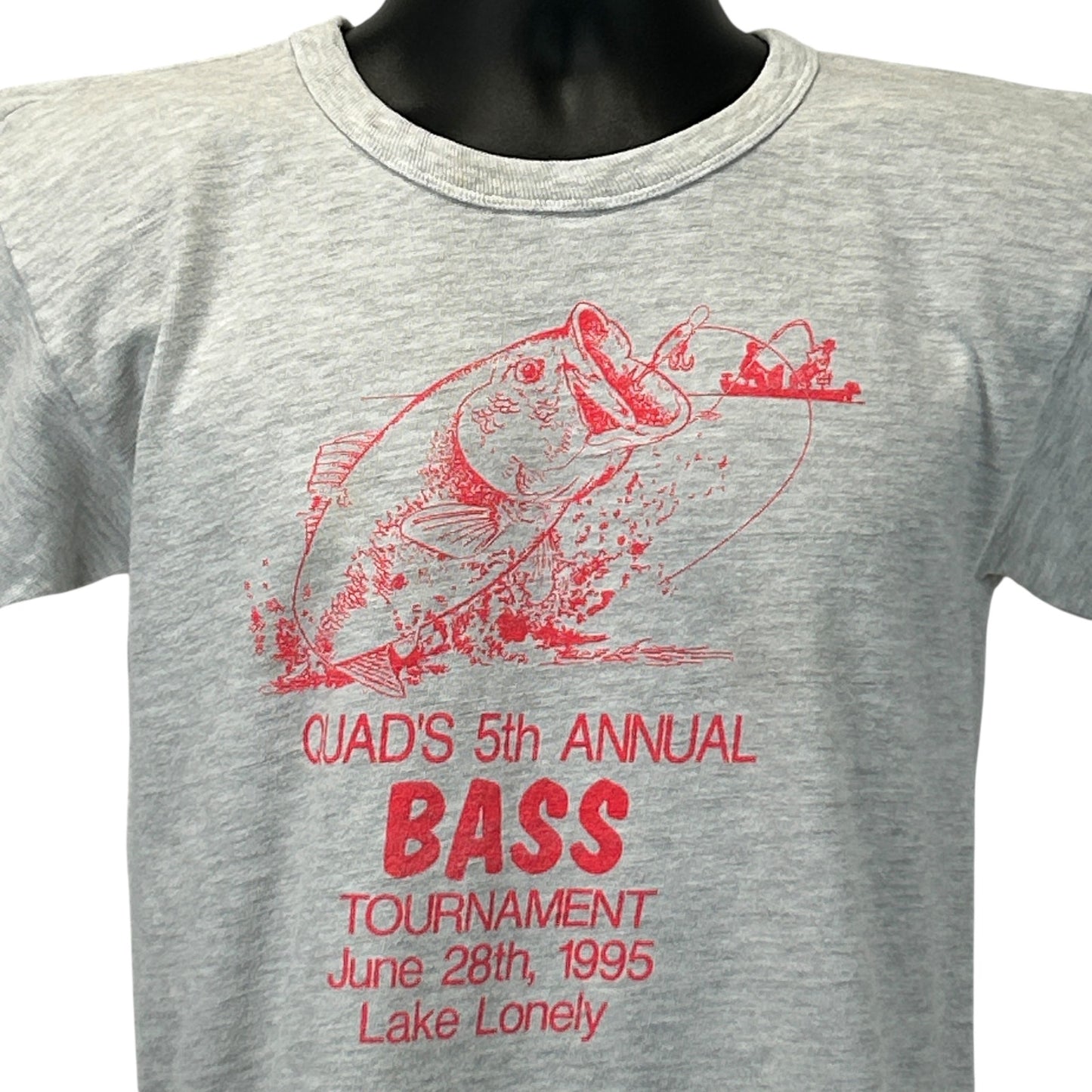 Gray Champion T-Shirt featuring a fishing graphic celebrating Bass Fishing tournament, front view