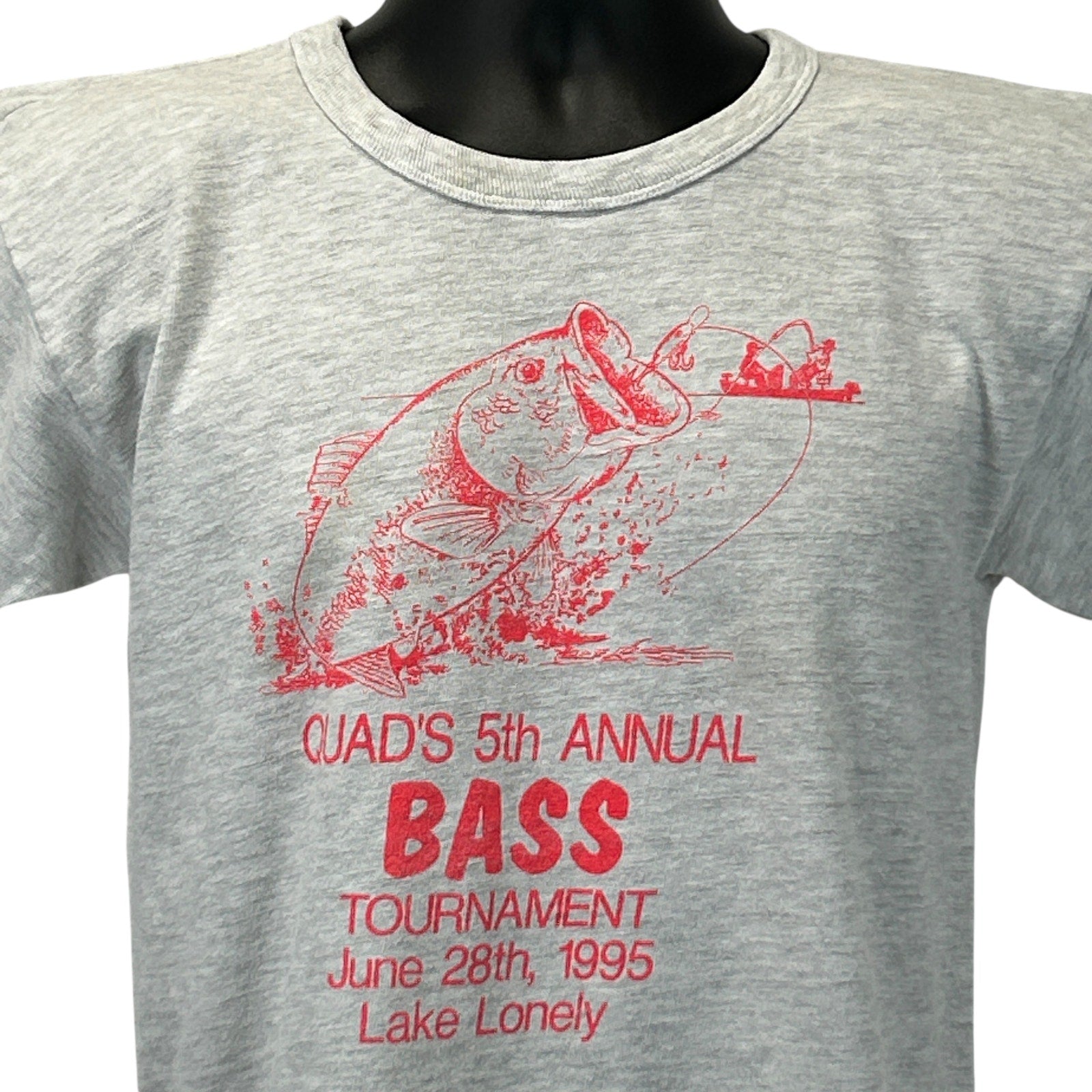 Gray Champion T-Shirt featuring a fishing graphic celebrating Bass Fishing tournament, front view