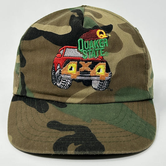 Vintage Hat in camo green featuring embroidered Quaker State logo and red truck design on the front