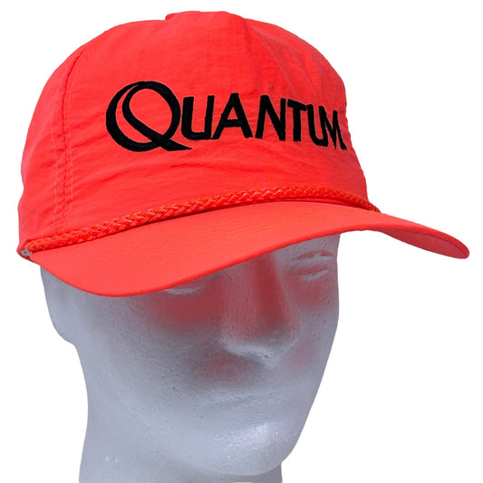 Vintage red hat featuring the Quantum Fishing Reels logo, front view with a comfortable fit