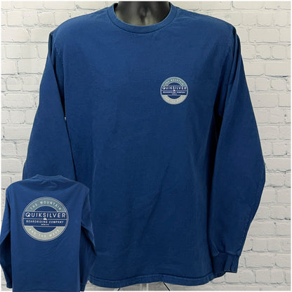 Quiksilver navy long sleeve shirt featuring a large logo on the back and smaller logo on the front