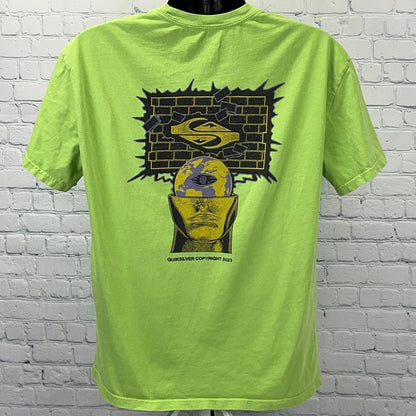 Quiksilver Green Graphic T-Shirt featuring a unique back design with a head and logo