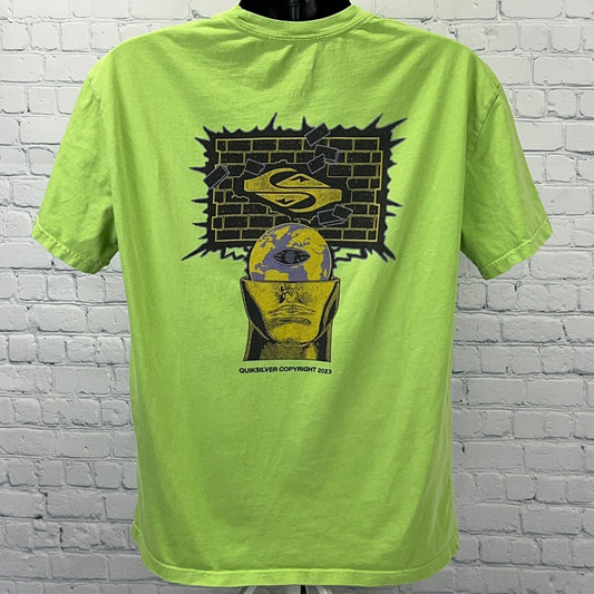 Quiksilver Green Graphic T-Shirt featuring a unique back design with a head and logo
