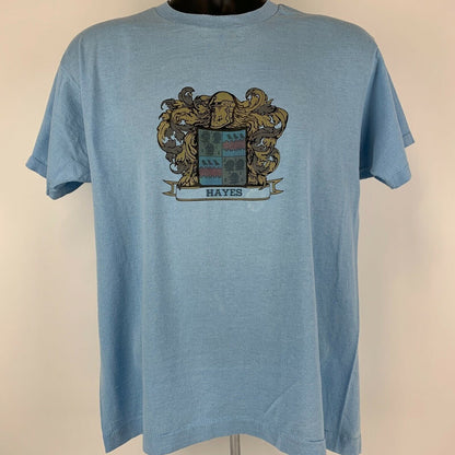 Vintage Hayes Family Name Crest T Shirt Mens Large Coat of Arms Surname 80s Blue