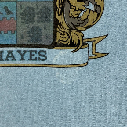 Vintage Hayes Family Name Crest T Shirt Mens Large Coat of Arms Surname 80s Blue