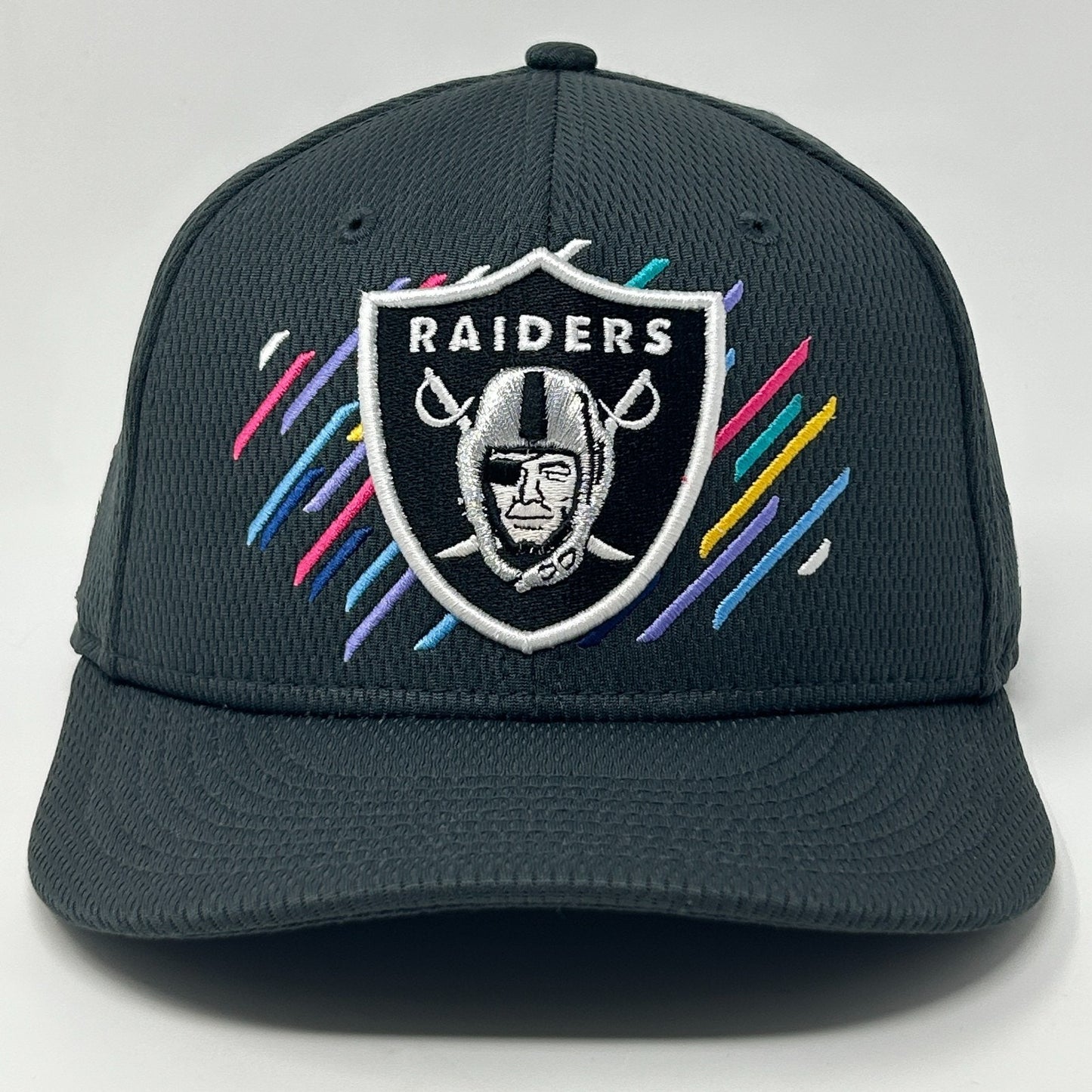 New Era Raiders Hat in Black with Front Logo and Colorful Accents for Fans