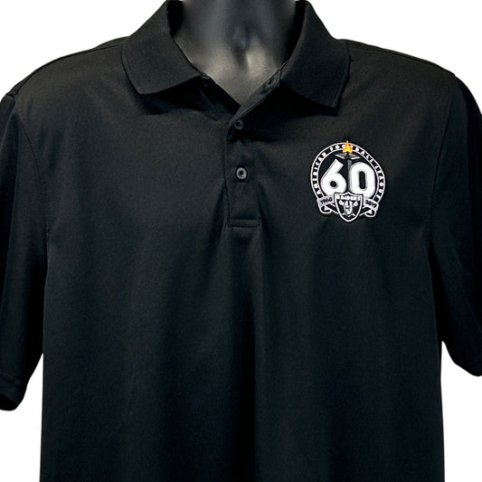 Black Raiders Polo shirt featuring a 60th anniversary logo on the left chest, front view